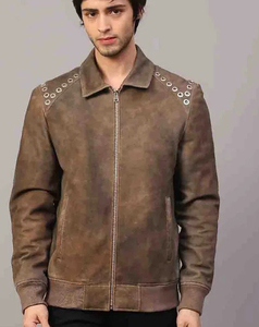 ABINZ ENTERPRISES High Quality <b>Mens</b> Brown <b>Suede</b> Bomber <b>Jacket</b> Rivet Shoulder Details Zipper Closure Stand Collar Regular Fit - Product Image 4