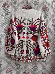Manteau Bohème Brodé Floral Grande Taille pour Femme, Col Mandarin, Manches Longues, Coton, Vêtement d'Extérieur Décontracté Printemps - Product Image 4