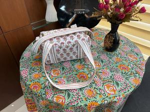 Handmade Blockprinted Quilted Cotton Duffle <b>Bag</b> Gray Floral Print Detachable Long Belt Handprint Weekender Large Luxury Casual - Product Image 6