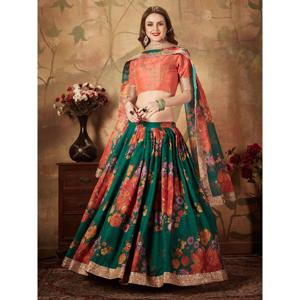 Mariage Lehenga Choli en soie organza à imprimé floral vert foncé rafraîchissant avec chemisier orange - Product Image 6
