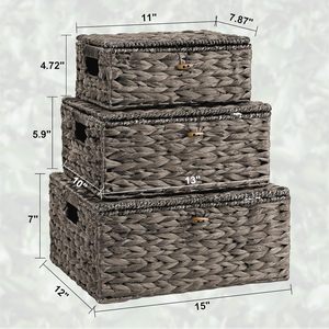 High Quality Eco-Friendly Rustic Water Hyacinth Set 3 Woven <b>Storage</b> Baskets Lid Customized Color Multi-Purpose Multifunction - Product Image 5
