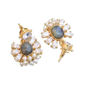 Boucles d'oreilles créoles en laiton massif avec zircon naturel et pierre organique, texture laiton mat, pièce tendance et affirmée, haute qualité, export - Product Image 4