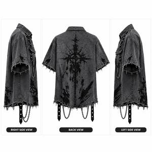 Mens Distressed <b>Gothic</b> Chain Short Sleeve Anti-Wrinkle 100% Cotton Button-Up <b>Shirt</b> Punk Streetwear Oversized Casual - Product Image 3