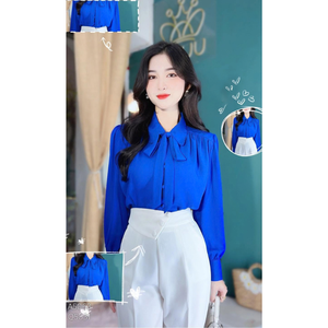 Chemise à manches longues pour femme, mode durable, avec nœud papillon et boutons recouverts de tissu, haut uni décontracté pour le bureau, 150 GSM, dos en tissu - Product Image 2