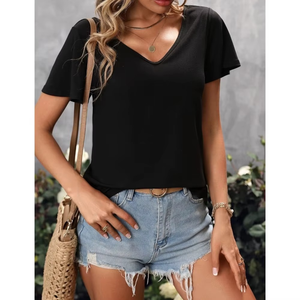 Camiseta de Verano para Mujer, Casual, Cuello en V, Holgada, Manga Corta, Poliéster, Color Liso, Venta al Por Mayor - Product Image 4