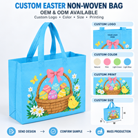Panier de Pâques bleu ciel avec œufs, poussins, marguerites et nœuds imprimés, sacs cadeaux en tissu non tissé écologiques, recyclables, réutilisables, avec logo personnalisé