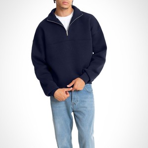 Sweat-shirt à demi-zip bleu marine pour homme, personnalisable avec logo, en polaire, vente en gros, streetwear, épaules tombantes, chaud pour l'hiver, fourniture OEM, sweats à capuche - Product Image 4