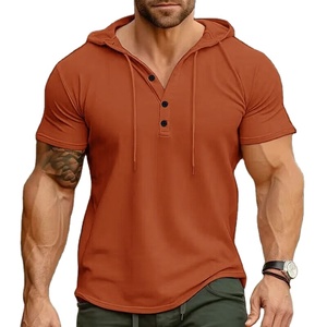 2024 printemps été hommes à manches courtes à capuche T-Shirt nouveaux hommes Henry col couleur unie décontracté hauts t-shirts hommes vêtements de sport T-shirts - Product Image 1