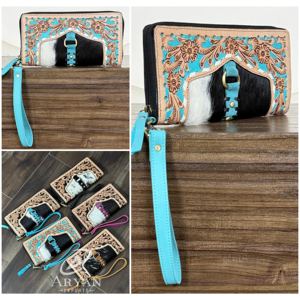 Cartera de mano con cremallera para mujer, estilo occidental, multifuncional, de gran capacidad, de cuero vacuno repujado a mano, con múltiples ranuras para tarjetas, para uso diario. - Product Image 1