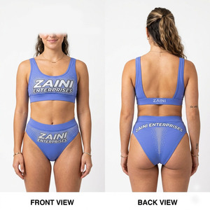 Women <b>Bikini</b> <b>Set</b> 220 GSM Nylon Spandex Smooth Stretch Fabric <b>Blue</b> Two Piece Swimwear Rhinestone Heat Transfer Custom Logo Design - Product Image 1