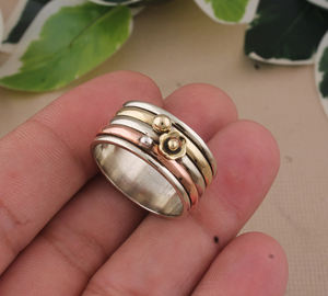 Bague tournante vintage en argent sterling 925 avec serti clos, faite à la main, en métaux mélangés (cuivre, laiton), anti-stress et méditation, pour femmes et hommes - Product Image 1