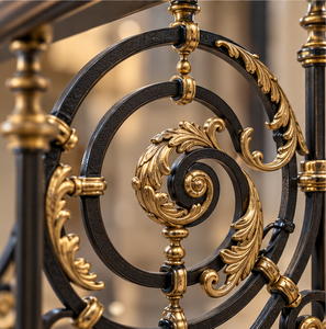 Barandal de Escalera Metálico Ornamental Negro y Dorado con Volteo Circular y Motivos de Hojas Decorativas para Interiores de Lujo - Product Image 4