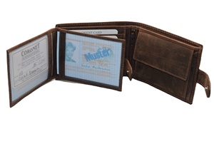 Men's Genuine Leather Vintage Fold <b>Wallet</b> Handmade Short Brown Daily Use <b>RFID</b> Protection Coin Pocket Wholesale Polyester Lining - Product Image 3