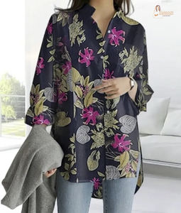 Blusa Casual para Mujer, de Poliéster/Algodón, Manga Larga, Cuello Camisero, Abertura Lateral, con Logotipo Bordado en la Parte Delantera, para Primavera/Verano - Product Image 1