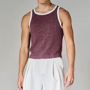 <b>Men's</b> Ribbed Knitted Tank Top Solid Color O-Neck Casual Sleeveless Top Purple <b>White</b> Trim <b>Men's</b> Knitted <b>Vest</b> - Product Image 1