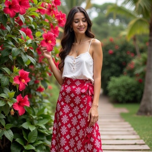 Elegante falda de longitud completa bohemia de verano para mujer, informal, a la moda, envolvente, en cascada, copo de nieve, estampado rojo, para todo el día - Product Image 1