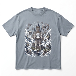 Steampunk Clock Tower T-<b>Shirt</b> | Steel Blue Gray 240 GSM Heavyweight Cotton Tee with Flying Airship Print - Product Image 1