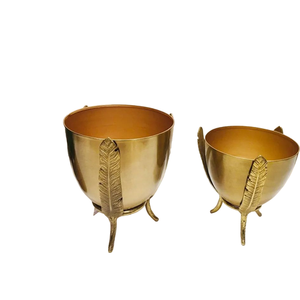 Best Selling Set of 2 Gold Plated Planter Pots With Leaf Design Stand Durable and Stylish for Indoor Living Room <b>Decoration</b> - Product Image 1