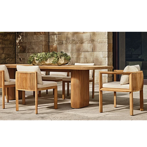 Coastal Fluted Outdoor Dining <b>Table</b> <b>Solid</b> Teak <b>Wood</b> Slatted <b>Top</b> Ribbed Pedestal Base Luxury Patio Hotel Garden Furniture - Product Image 4