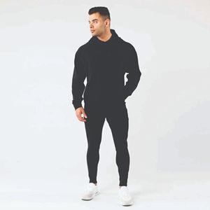 Men's Custom Black Hooded Tracksuit Full Sleeve Casual Autumn Wear With Side Pockets <b>Skinny</b> Fit Solid Color Breathable - Product Image 1
