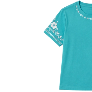 เสื้อยืดคอกลมผ้าฝ้ายปักลายดอกไม้สีขาวสำหรับผู้หญิง สีเทอร์ควอยซ์ แขนสั้น สไตล์ลำลอง รับผลิตตามสั่ง (OEM) คุณภาพพรีเมียม แฟชั่นฤดูร้อน - Product Image 3