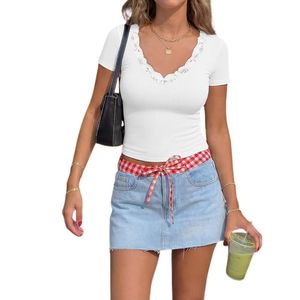 Women's Summer 2026 Short Sleeve Lace V Neck <b>Tops</b> Fitted Ribbed Knit Casual Basic T Shirts <b>Y2k</b> Going Out Work Blouses - Product Image 2