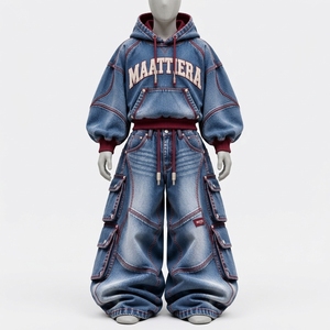 <b>Womens</b> Blue Washed Denim Hoodie And <b>Baggy</b> Cargo <b>Jeans</b> Set Burgundy Contrast Stitch Oversized Streetwear Custom Wholesale Supplie - Product Image 3