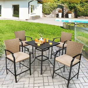 Set di 4 Sgabelli da Bar in Rattan per Patio con Cuscini Morbidi, Set da Giardino - Product Image 3