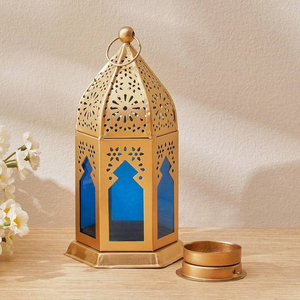 Lanterna Cilindrica in Metallo Stile Tropicale con Luna Crescente e Ritagli Geometrici, Portacandele per Ramadan, Eid e Decorazioni Domestiche - Product Image 4