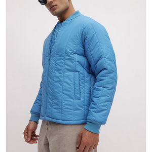 Men's Blue Quilted <b>Jacket</b> Stand Collar Zipper Closure Casual Autumn Outerwear Polyester Wadding Regular Length - Product Image 2