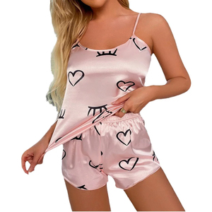 Women's Silk Satin 2-Piece Heart Print Sleepwear Set Sleeveless <b>Spaghetti</b> Strap Shorts Pajamas Summer Sexy Smooth Fit - Product Image 3