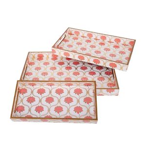 Plateau de service rectangulaire en bois laqué à motifs floraux pour table basse, idéal pour les desserts et les aliments - Product Image 2