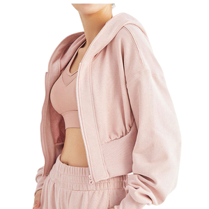 Sudadera con capucha corta de alta calidad para mujer, color verde claro, con cremallera, manga larga, hombros caídos, estilo casual. - Product Image 5