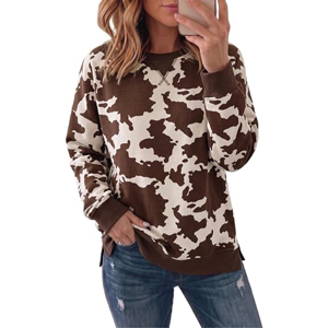 Sudadera de cuello redondo para mujer, OEM personalizado al por mayor, estilo vintage, con estampado de vaca marrón, de ajuste holgado, de forro polar grueso, con diseño abstracto de bovino - Product Image 2