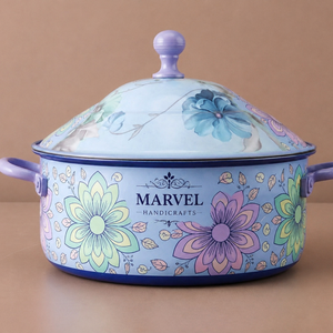 Casserole en acier émaillé bleu floral de qualité supérieure Marvel Handicrafts avec couvercle, pot de service à rétention de chaleur, ustensile de cuisine élégant, cadeau - Product Image 1
