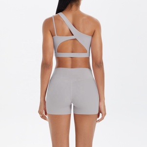 Seamless Gray 2 Piece Yoga Set Racerback Crop Top High Waist Shorts Solid Color Activewear - Product Image 5