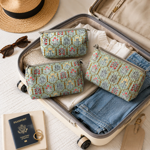 Luxury Mint Botanical 3 Piece Makeup Pouch Set Quilted Cotton Cosmetic Bags for Women Travel Vanity <b>Toiletry</b> <b>Storage</b> Organizer - Product Image 5