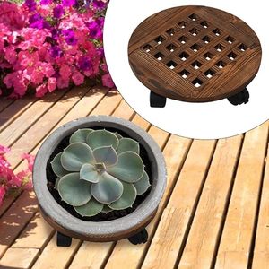 Round Wooden <b>Plant</b> Caddy with Lockable Caster Wheels Heavy Duty Rolling <b>Plant</b> Stand for Indoor Outdoor Flower Pots Rustic Wood - Product Image 5