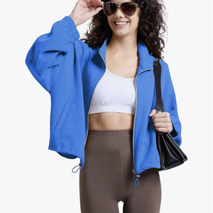 Sudadera recortada con cremallera completa para mujer, cuello alto de manga larga con cremallera y capucha corta, chaqueta informal con cuello levantado - Product Image 1