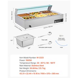 Calentador de Alimentos Eléctrico Comercial de Acero Inoxidable de 1500W con Tapa de Vidrio, 6 Recipientes de 1/2 Tamaño, Control Manual de Temperatura, Buffet Bain Marie - Product Image 4