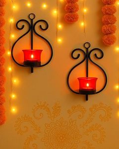 Elegant Black Metal Wall Mounted Tealight Candle Holder Set with Red Glass Votive Cups Decorative Iron Wall <b>Sconce</b> for Living - Product Image 6