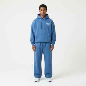 Conjunto Deportivo para Hombre Hawk Eye, Sudadera con Capucha Azul, Color Sólido, Corte Holgado Informal, Pantalones Largos con Cordón y Bolsillos, de Algodón - Product Image 1