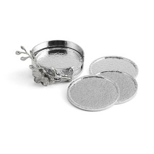 Set Of Hammered <b>Silver</b> Finished Coasters With Flower Accents Suitable For Family Dining Entertaining And Gifting Purposes - Product Image 1
