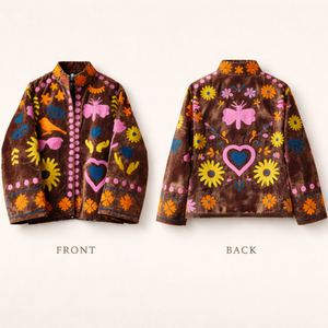 Veste bomber brodée à la main pour femmes, motif cœur et oiseau, col montant, doublure en coton - Product Image 4