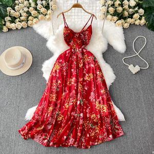 Vestido Camisero Sexy con Cuello en V Estilo Vacaciones en la Playa para Mujer, Verano, Sin Mangas, Floral, Largo, de Gasa, Tejido, Cintura Natural, Dulce - Product Image 4