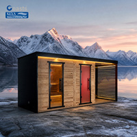 Sauna extérieur finlandais haut de gamme Fjord Winter Sunset Retreat en pin thermique, trois zones, verre panoramique, Wi-Fi intelligent, prêt pour la livraison DDP