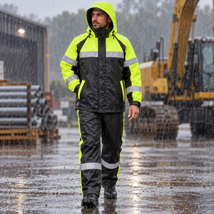 Chaqueta y Pantalones Impermeables y Transpirables de Poliéster con Capucha, Color Negro Lima, con Tiras Reflectantes para Ropa de Trabajo al Aire Libre para Hombre - SAAJAN - Product Image 4