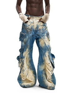 Jean en denim pour homme en coton de haute qualité, coupe large, style streetwear hip-hop, avec broderie, fermetures éclair et œillets, effet délavé vintage, personnalisable OEM ODM - Product Image 3