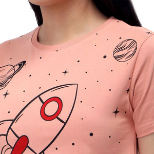 Women's Pink Crop <b>Top</b> Crew Neck Short Sleeve Printed Rocket Space Design Casual Spring Summer Wear - Product Image 5