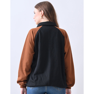 Veste universitaire pour femme noire avec manches marron, fermeture éclair intégrale, col montant, en polyester tricoté, pour l'automne, style décontracté - Product Image 3